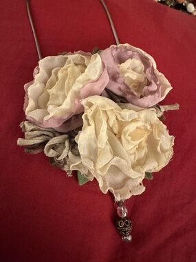 Handmade Floral Necklace with Cream and Light Pink Fabric Roses